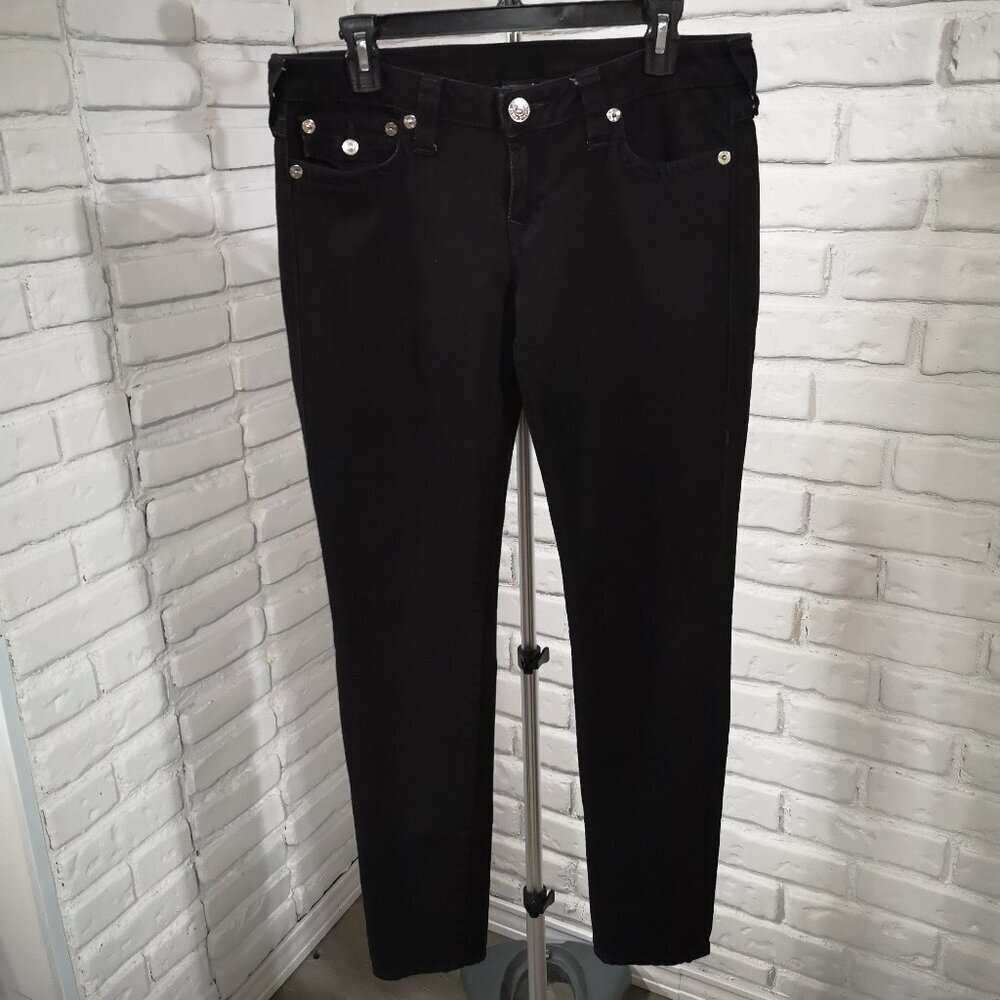 True Religion Ladies Size 31 Black World Tour Skinny Jeans w/ Purple Stitching